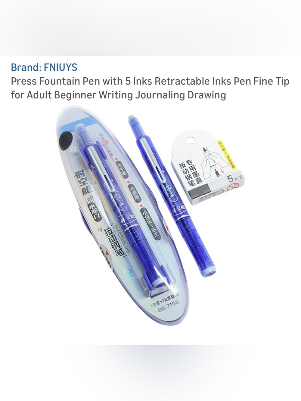 5/$30Blue FINE Point Retractable Fountain Pen Set for journal drawing Sealed NWT